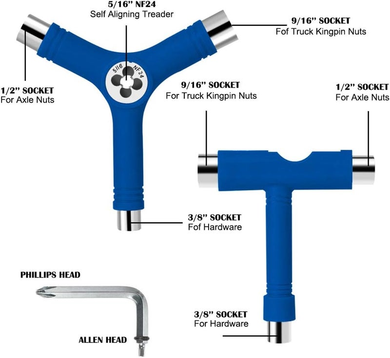 Sonku Blue All-in-One Skateboard Tool, Multifunctional Portable Skateboard T-Tool and Y-Tool Accessory with Screwdriver Wrench Storage in A Bag - Image 2