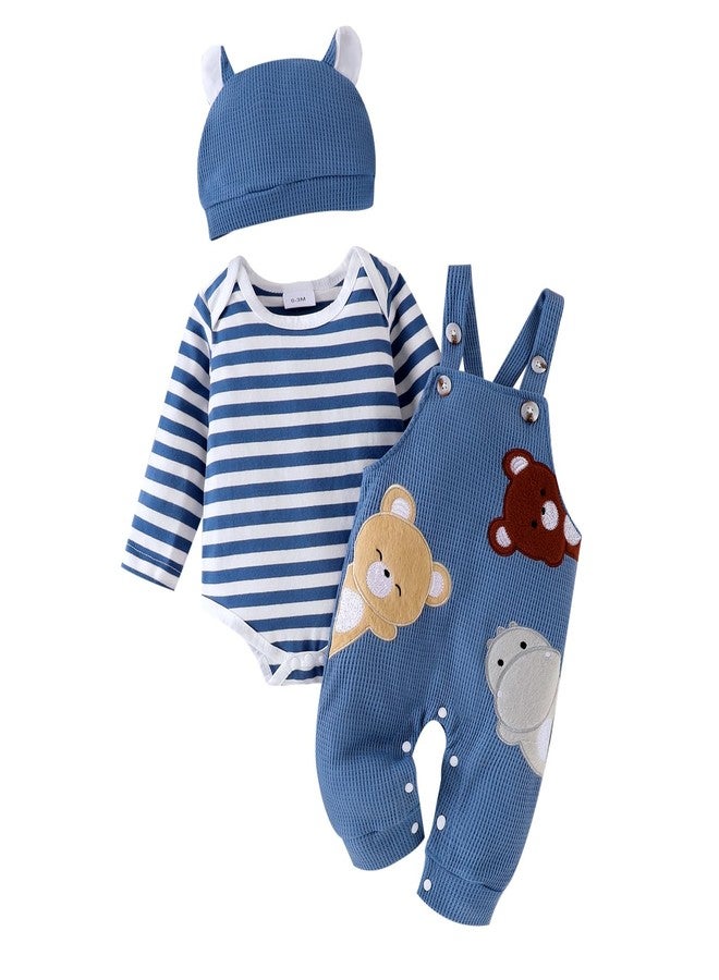 FOCICI Baby Boy Clothes 0-3 Months Newborn Long Sleeve Striped Romper + Cartoon Adjustable Suspender Overall Fall Winter Outfits + Cute Hat Blue 0-3 Months - Image 1