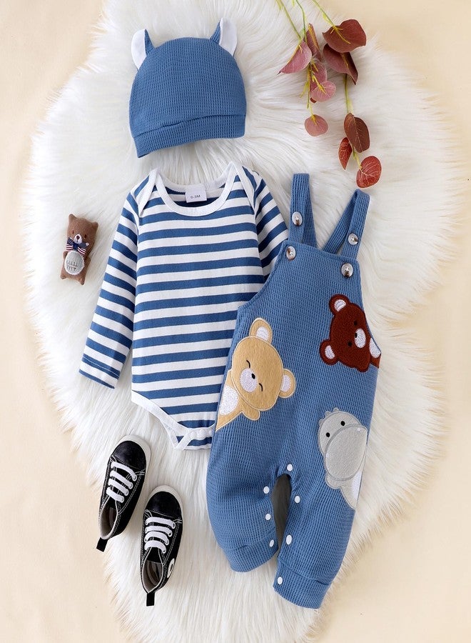 FOCICI Baby Boy Clothes 0-3 Months Newborn Long Sleeve Striped Romper + Cartoon Adjustable Suspender Overall Fall Winter Outfits + Cute Hat Blue 0-3 Months - Image 2