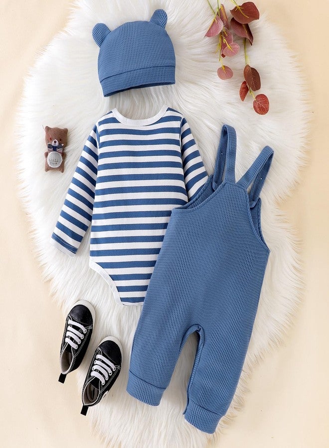 FOCICI Baby Boy Clothes 0-3 Months Newborn Long Sleeve Striped Romper + Cartoon Adjustable Suspender Overall Fall Winter Outfits + Cute Hat Blue 0-3 Months - Image 3