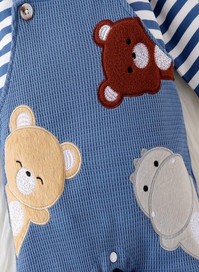 FOCICI Baby Boy Clothes 0-3 Months Newborn Long Sleeve Striped Romper + Cartoon Adjustable Suspender Overall Fall Winter Outfits + Cute Hat Blue 0-3 Months - Image 5