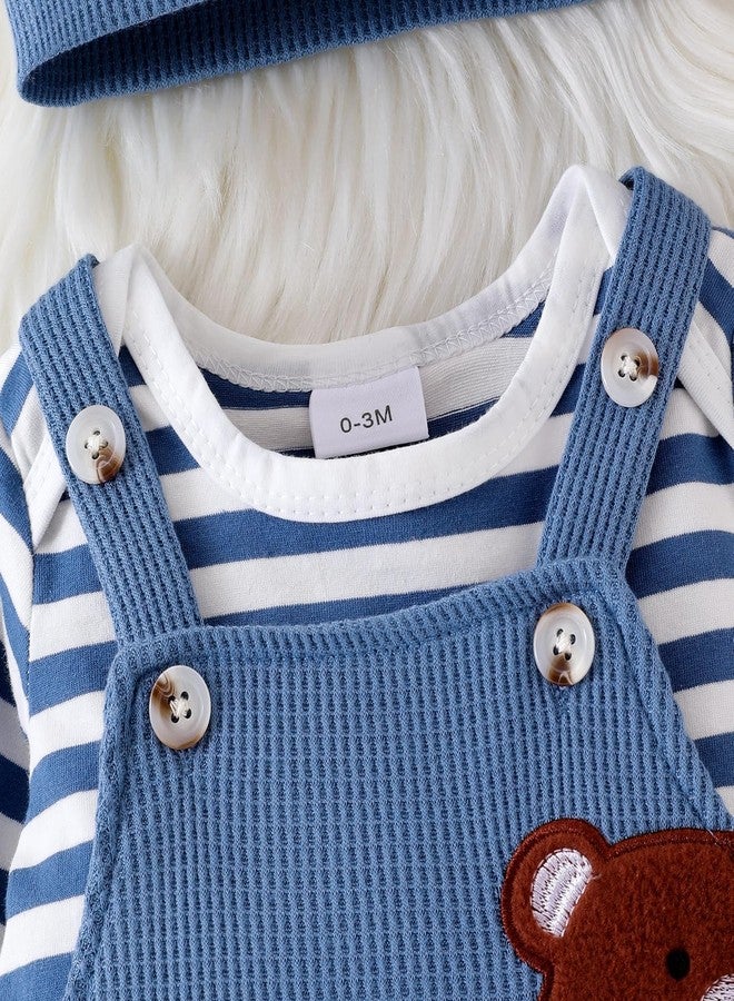 FOCICI Baby Boy Clothes 0-3 Months Newborn Long Sleeve Striped Romper + Cartoon Adjustable Suspender Overall Fall Winter Outfits + Cute Hat Blue 0-3 Months - Image 4