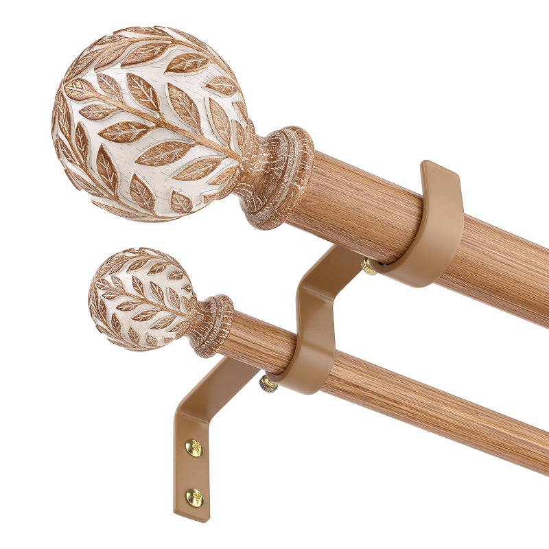 Wolistsa Wood Double Curtain Rod, Boho Decorative Long Dual Curtain Rods for Windows 84 to 120 Inch, 1" Adjustable Heavy Duty Double Rod, Unique Handmade Imitation Wood Grain Leaf Finial Design - Image 1