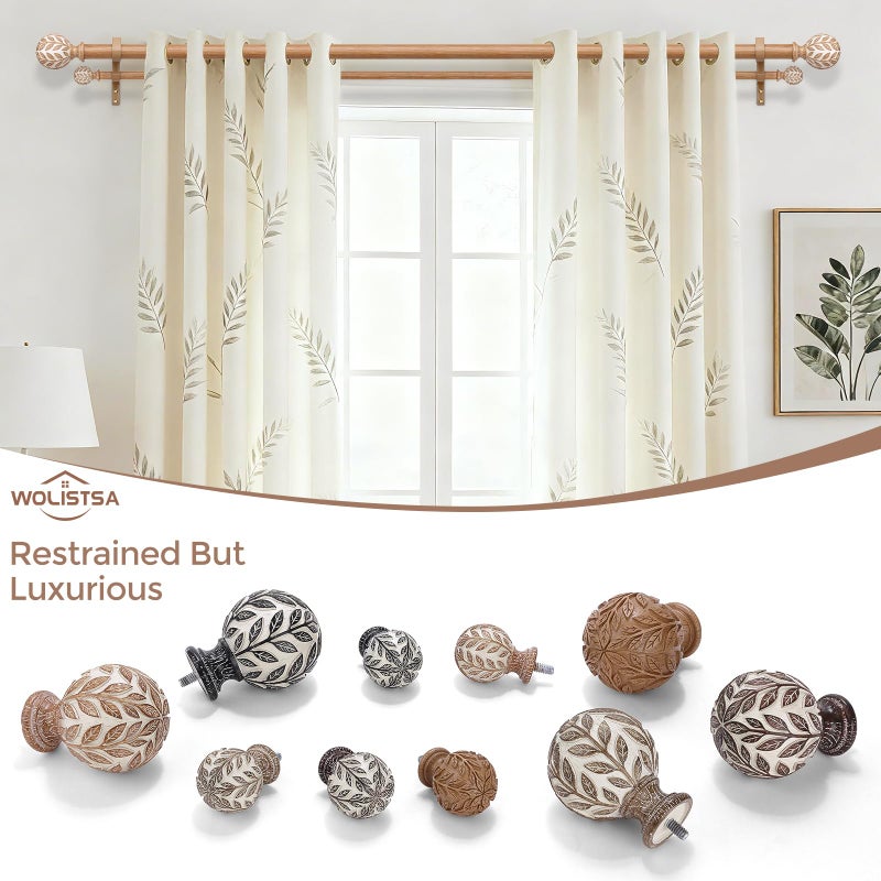 Wolistsa Wood Double Curtain Rod, Boho Decorative Long Dual Curtain Rods for Windows 84 to 120 Inch, 1" Adjustable Heavy Duty Double Rod, Unique Handmade Imitation Wood Grain Leaf Finial Design - Image 2
