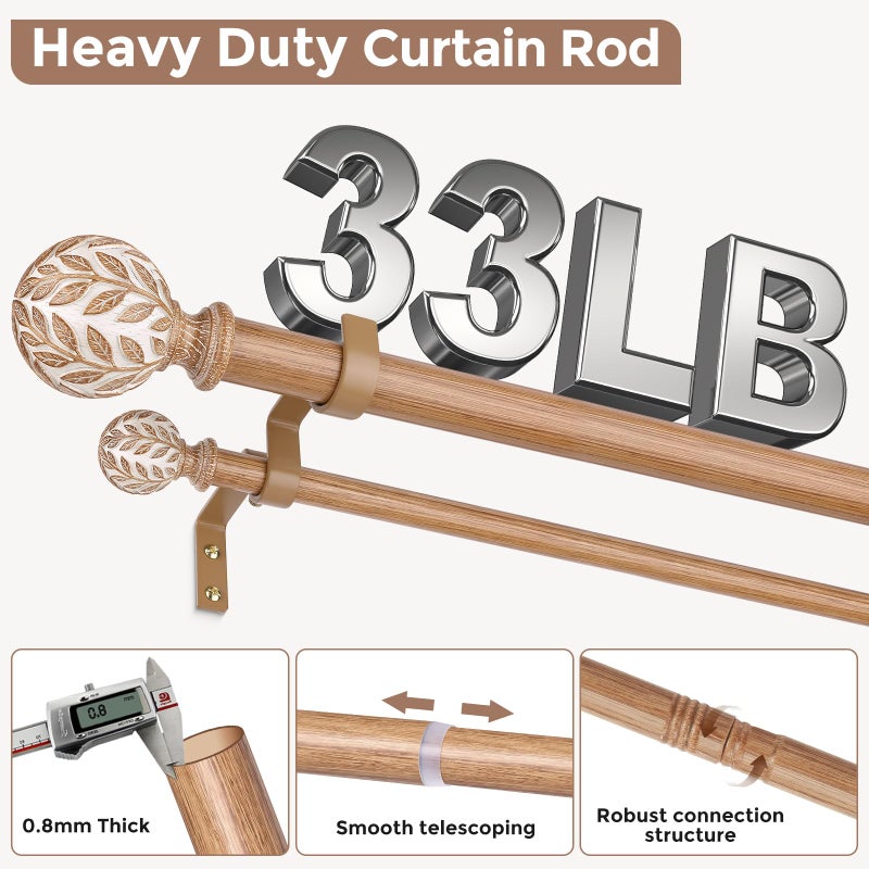 Wolistsa Wood Double Curtain Rod, Boho Decorative Long Dual Curtain Rods for Windows 84 to 120 Inch, 1" Adjustable Heavy Duty Double Rod, Unique Handmade Imitation Wood Grain Leaf Finial Design - Image 3