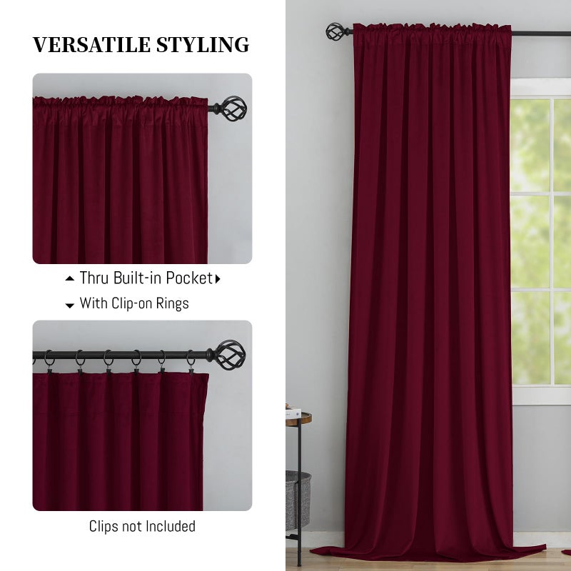 Yakamok Velvet Curtains 84 inches 2 Panels - Luxury Room Darkening Wine Red Curtains for Bedroom Living Room Thermal Insulated Super Soft Window Drapes Rod Pocket, Wine Red, W52 x L84 inches - Image 2