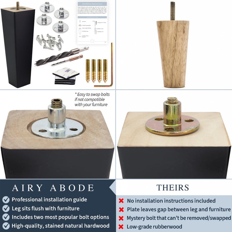 Airy Abode Premium Black Square Furniture Legs (Full Install Kit) - Pick Your Size and Color - Image 3