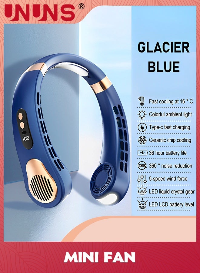 UNUNS مروحة عنق، مكيف هواء مع ألواح تبريد، 5 سرعات تهب هواء بارد، ضوء LED قابل للتعديل، مروحة شخصية قابلة لإعادة الشحن عبر USB للنساء، محمولة للتخييم والسفر، في الهواء الطلق، زرقاء - Image 2
