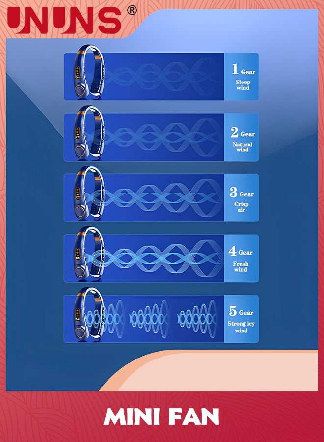 UNUNS مروحة عنق، مكيف هواء مع ألواح تبريد، 5 سرعات تهب هواء بارد، ضوء LED قابل للتعديل، مروحة شخصية قابلة لإعادة الشحن عبر USB للنساء، محمولة للتخييم والسفر، في الهواء الطلق، زرقاء - Image 4