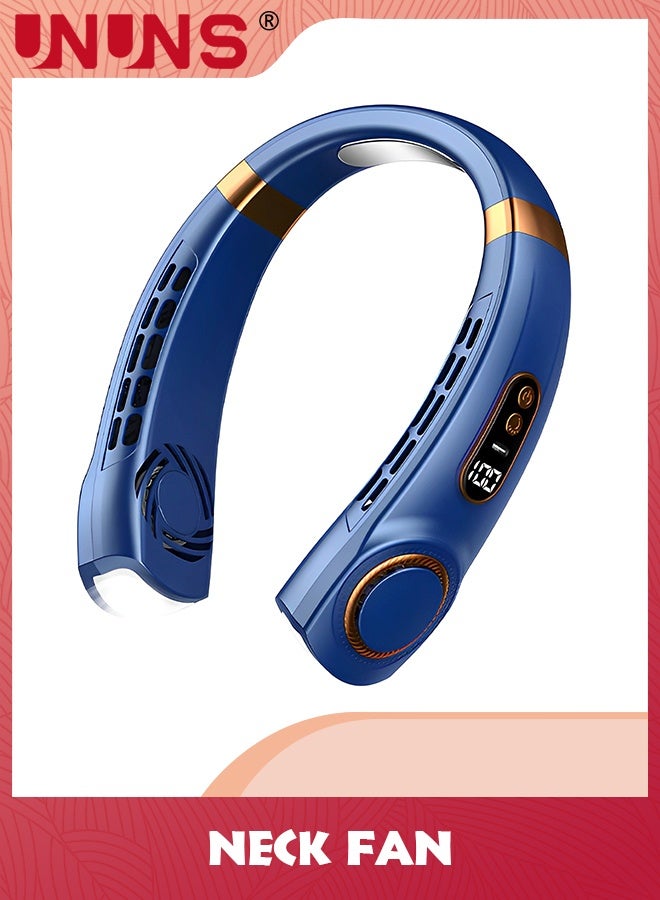 UNUNS مروحة عنق، مكيف هواء مع ألواح تبريد، 5 سرعات تهب هواء بارد، ضوء LED قابل للتعديل، مروحة شخصية قابلة لإعادة الشحن عبر USB للنساء، محمولة للتخييم والسفر، في الهواء الطلق، زرقاء - Image 1