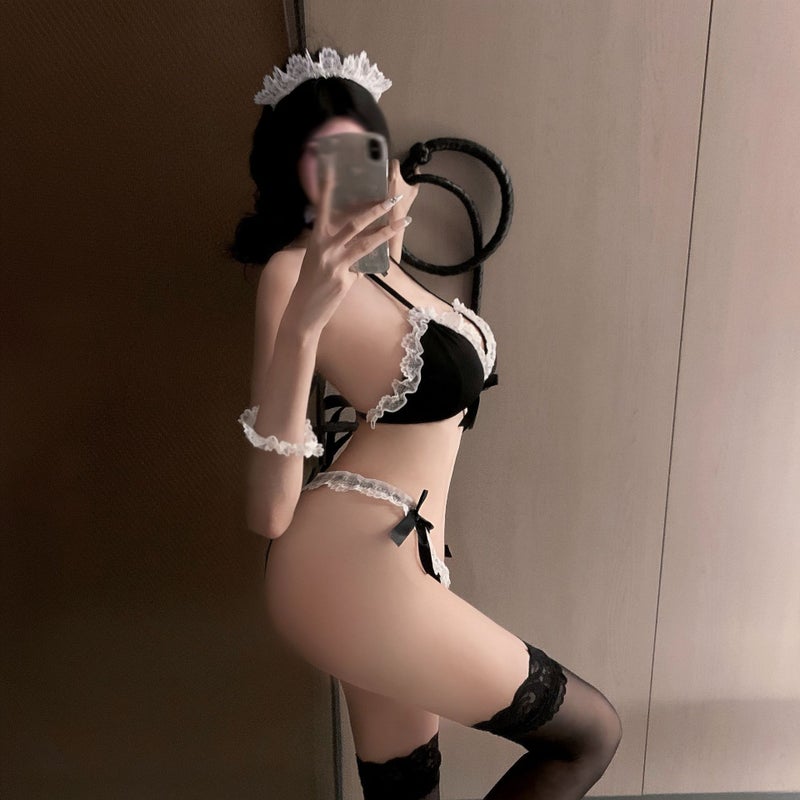 Sexy Maid Cosplay Lingerie Set Halter Neck Lace 3-Piece Nightwear - Image 4