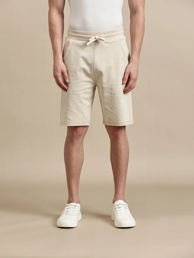 ECOLORE Men Beige Plain Cotton Shorts with Drawstring