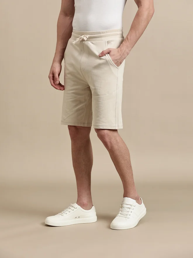 ECOLORE Men Beige Plain Cotton Shorts with Drawstring