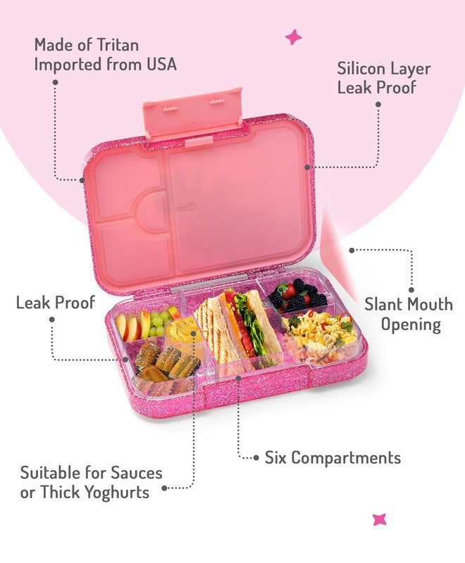 Bonfino Ballerina ABS Bento Lunch Box, BPA Free, Microwave Safe Removable Tray, 6 Adjustable Compartments, Leak Resistant, Lightweight, 3 Years+, 22x15.5x5cm, 1L - Pink - Image 5