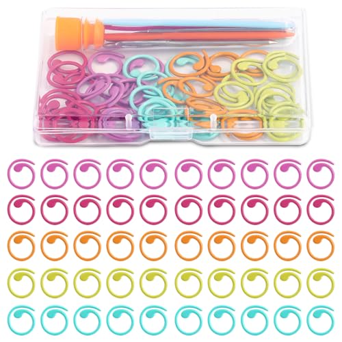 Lokunn 50 Pcs Crochet Stitch Markers, 5 Color Helical-Shaped Stitch Markers for Crocheting, 9 Pcs Large Eye Blunt Sewing Needles with Storage Box for DIY and Craft Sewing - Image 1