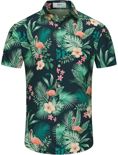 KYKU Men's Hawaiian Shirts Vacation Button Up Shirt Flamingo, Green, X-Large - Image 3