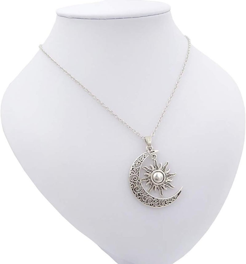 QIAN0813 Vintage Bronze Crescent Moon and Sun Pendant Necklace Retro Swirl Filigree Unisex Jewelry Gifts - Image 1