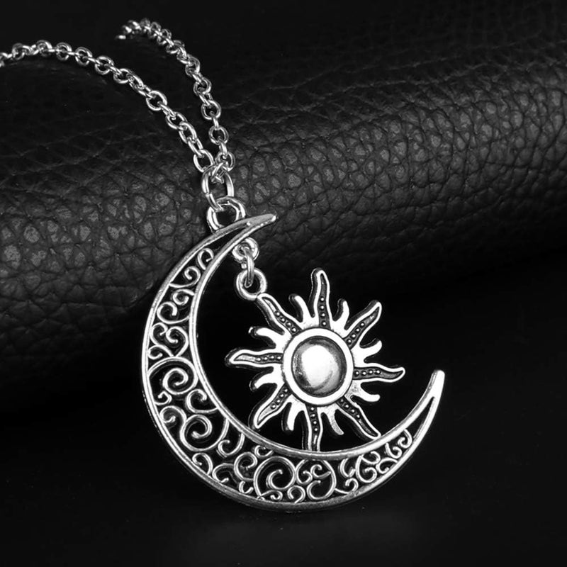 QIAN0813 Vintage Bronze Crescent Moon and Sun Pendant Necklace Retro Swirl Filigree Unisex Jewelry Gifts - Image 2