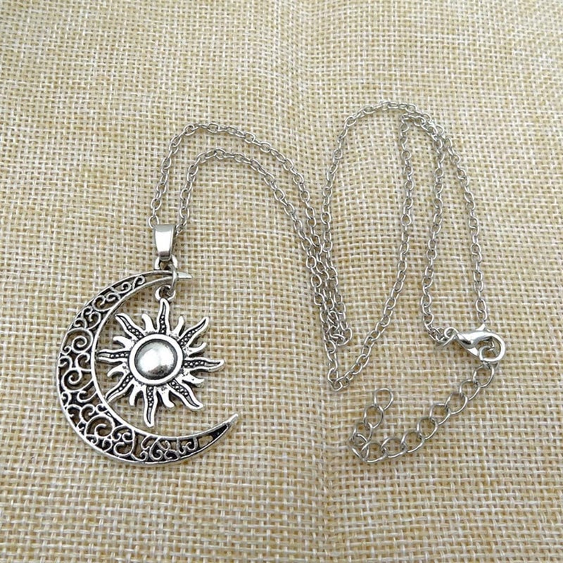 QIAN0813 Vintage Bronze Crescent Moon and Sun Pendant Necklace Retro Swirl Filigree Unisex Jewelry Gifts - Image 4