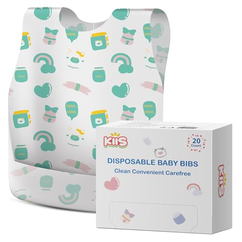 KIIS Disposable Baby Bibs, Waterproof Baby Smock Bibs, Extra Large Full Coverage for Toddlers & Kids, Mess-Free Feeding for Travel & Daycare, 20 Count, Green Baby Cow - Image 1