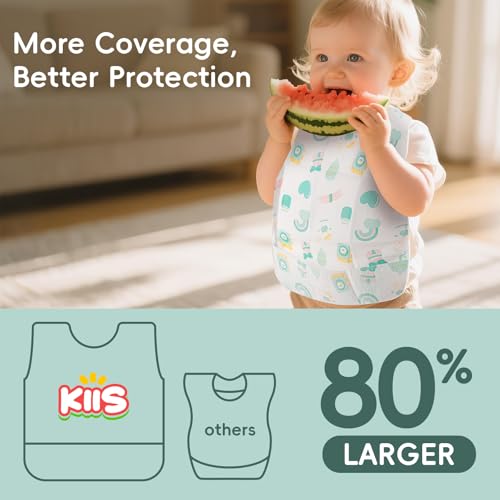 KIIS Disposable Baby Bibs, Waterproof Baby Smock Bibs, Extra Large Full Coverage for Toddlers & Kids, Mess-Free Feeding for Travel & Daycare, 20 Count, Green Baby Cow - Image 2