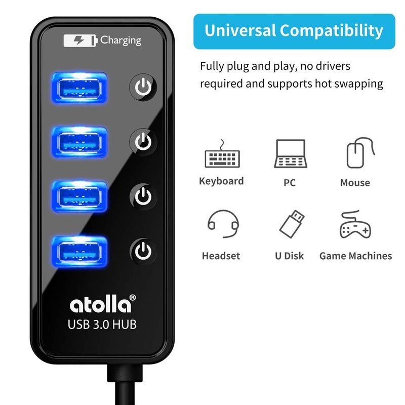 Atolla 4-Port USB 3.0 Hub with 4 Data Ports, 1 Smart Charging Port, Individual On/Off Switches and 5V/3A Adapter - Image 3
