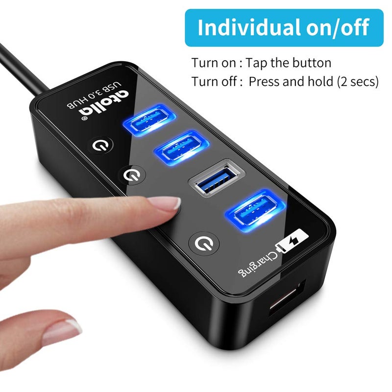 Atolla 4-Port USB 3.0 Hub with 4 Data Ports, 1 Smart Charging Port, Individual On/Off Switches and 5V/3A Adapter - Image 4