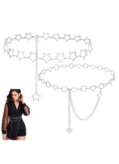2PCS Women Chain Belt,Star Heart Waist Chain Belt, Silver Chain Belt, Body Chains Jewelry for Dress, Waist Belt Belly Belt,Metal Chain Belt Women ,Fashion Body Link Belts