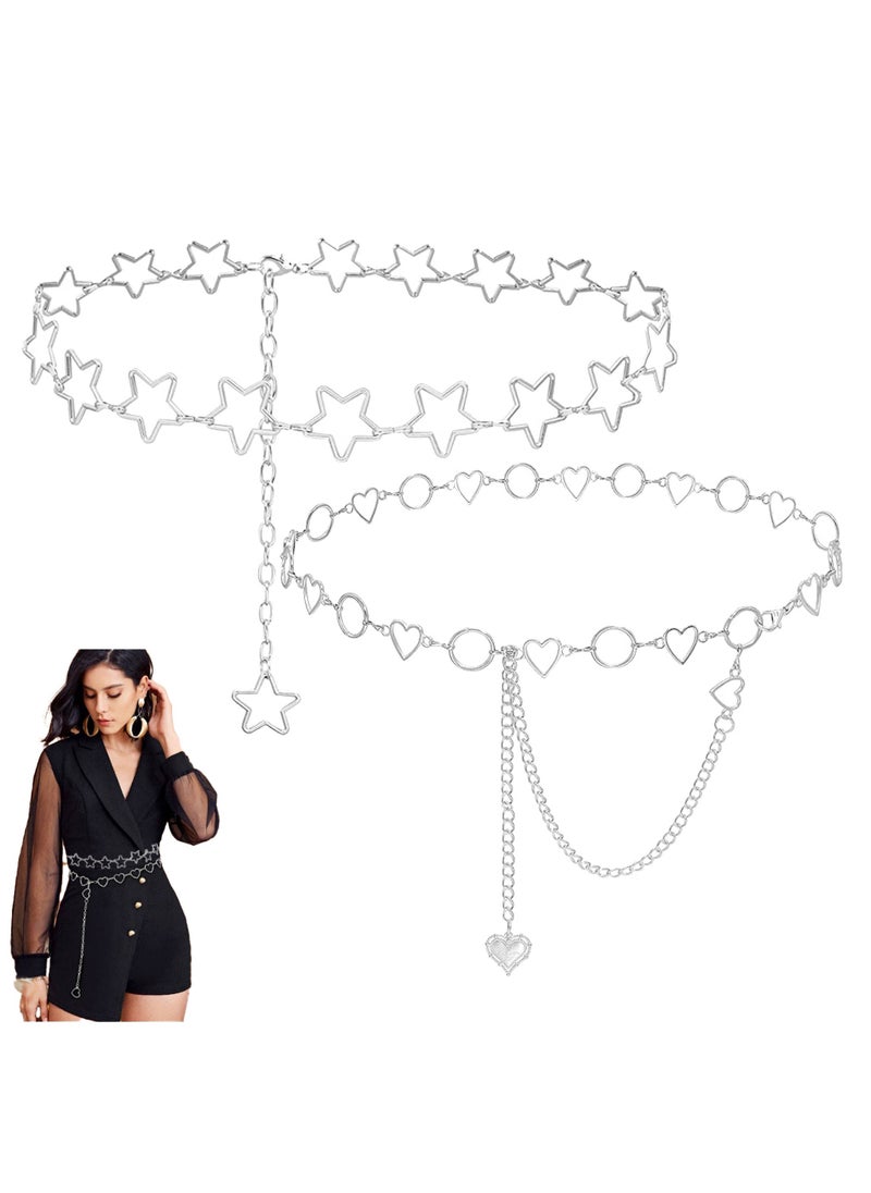 ILovhaprty 2PCS Women Chain Belt,Star Heart Waist Chain Belt, Silver Chain Belt, Body Chains Jewelry for Dress, Waist Belt Belly Belt,Metal Chain Belt Women ,Fashion Body Link Belts  - Image 1