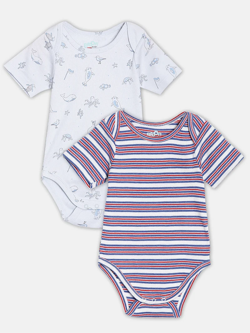 Broon Broon Infant Boys Grey and Multicolor Printed Organic Cotton Bodysuit Pack of 2