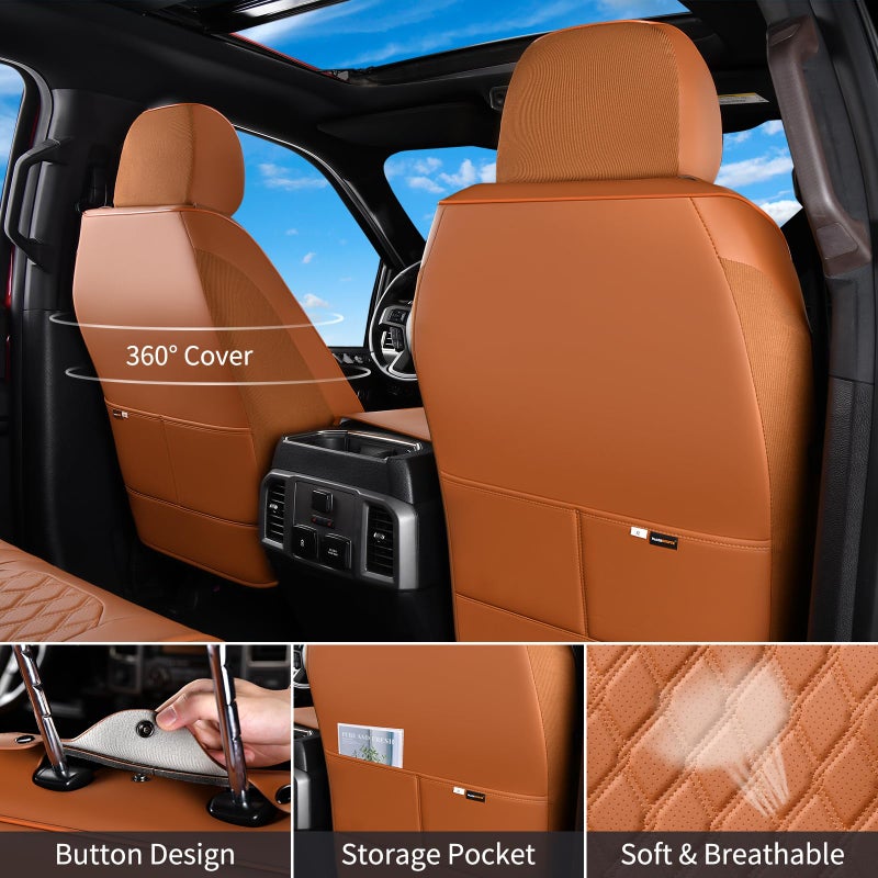 Huidasource Front Truck Seat Covers Fit for Ford F150 2015-2025&F250 F350 F450 2017-2025 All Cab XL XLT Lariat King Ranch Platinum, Waterproof Leather Automotive Car Seat Cover(Front Pair/Brown) - Image 3
