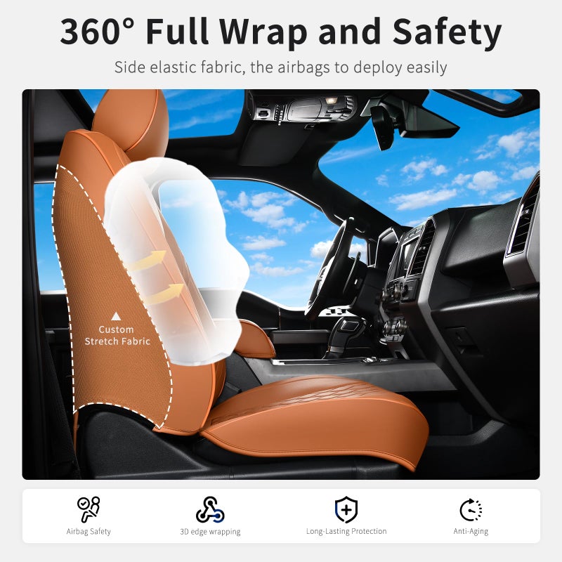 Huidasource Front Truck Seat Covers Fit for Ford F150 2015-2025&F250 F350 F450 2017-2025 All Cab XL XLT Lariat King Ranch Platinum, Waterproof Leather Automotive Car Seat Cover(Front Pair/Brown) - Image 2