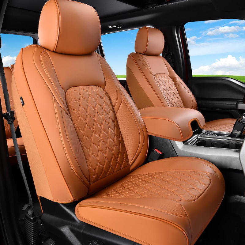 Huidasource Front Truck Seat Covers Fit for Ford F150 2015-2025&F250 F350 F450 2017-2025 All Cab XL XLT Lariat King Ranch Platinum, Waterproof Leather Automotive Car Seat Cover(Front Pair/Brown) - Image 1