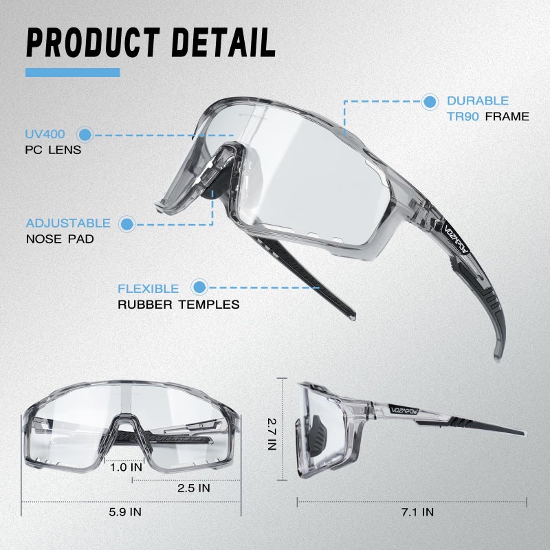 VOZAPOW Photochromic Cycling Glasses for Men Women, UV Protection TR90 Frame Sports Sunglasses for MTB, Riding, Running, Fishing, Baseball - Image 5
