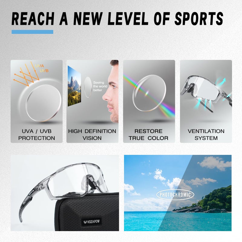 VOZAPOW Photochromic Cycling Glasses for Men Women, UV Protection TR90 Frame Sports Sunglasses for MTB, Riding, Running, Fishing, Baseball - Image 3