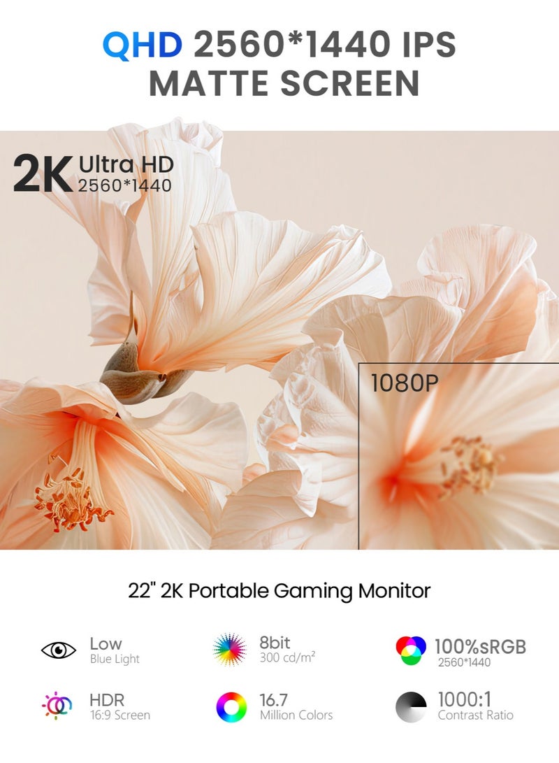 أوبيرفكت شاشة عرض محمولة UPERFECT مقاس 22 بوصة تعمل باللمس بدقة 2560 × 1440 بكسل وشاشة IPS مزودة بمنفذ Mini HDMI ومنفذ USB-C للكمبيوتر الشخصي والكمبيوتر المحمول والهاتف المحمول وأجهزة Xbox وSwitch وPS4/5 ومتوافقة مع حامل VESA - Image 2