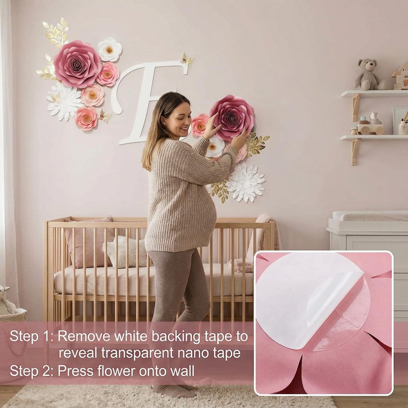 Pardecor Large Paper Flowers Wall Decor for Baby Girl Nursery (Pre-Assembled) - 300gsm Pearlized Cardstock 3D Roses with Gold Butterflies - Renter-Friendly Nano Tape & Reusable Backdrop (Pink, Set of 6) - Image 3