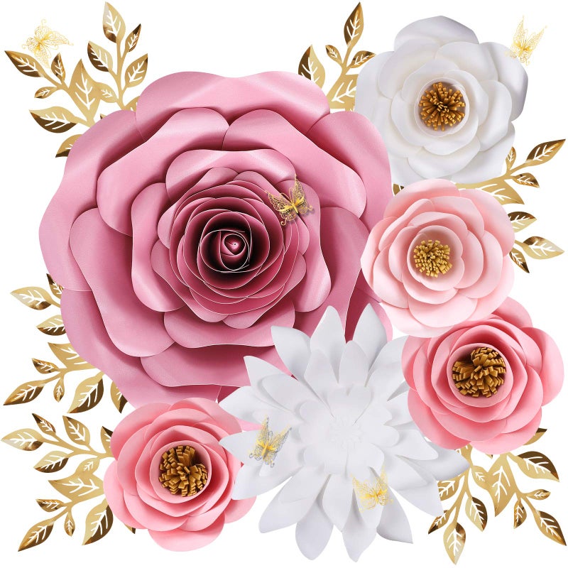 Pardecor Large Paper Flowers Wall Decor for Baby Girl Nursery (Pre-Assembled) - 300gsm Pearlized Cardstock 3D Roses with Gold Butterflies - Renter-Friendly Nano Tape & Reusable Backdrop (Pink, Set of 6) - Image 1