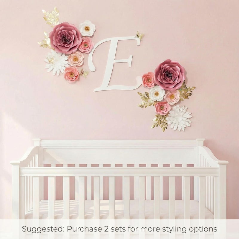 Pardecor Large Paper Flowers Wall Decor for Baby Girl Nursery (Pre-Assembled) - 300gsm Pearlized Cardstock 3D Roses with Gold Butterflies - Renter-Friendly Nano Tape & Reusable Backdrop (Pink, Set of 6) - Image 2