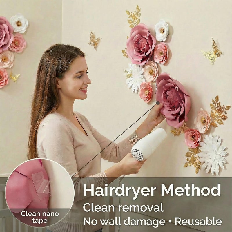 Pardecor Large Paper Flowers Wall Decor for Baby Girl Nursery (Pre-Assembled) - 300gsm Pearlized Cardstock 3D Roses with Gold Butterflies - Renter-Friendly Nano Tape & Reusable Backdrop (Pink, Set of 6) - Image 4
