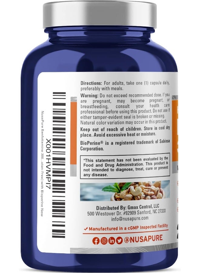 NusaPure Benfotiamine 300mg (220 Veggie Capsules) – Advanced Vitamin B1 Complex for Healthy Nerves & Cellular Energy - Image 3