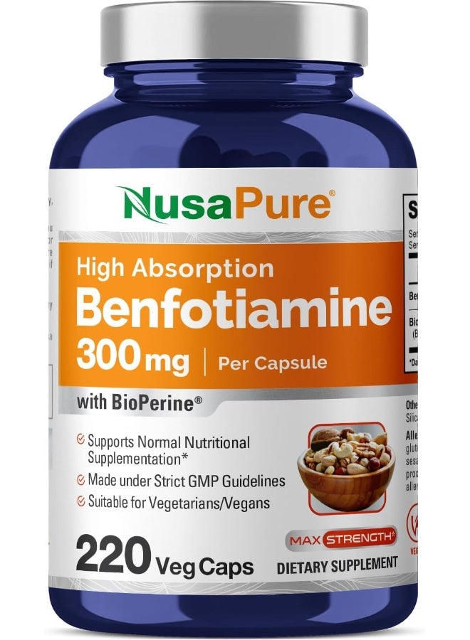 NusaPure Benfotiamine 300mg (220 Veggie Capsules) – Advanced Vitamin B1 Complex for Healthy Nerves & Cellular Energy - Image 1