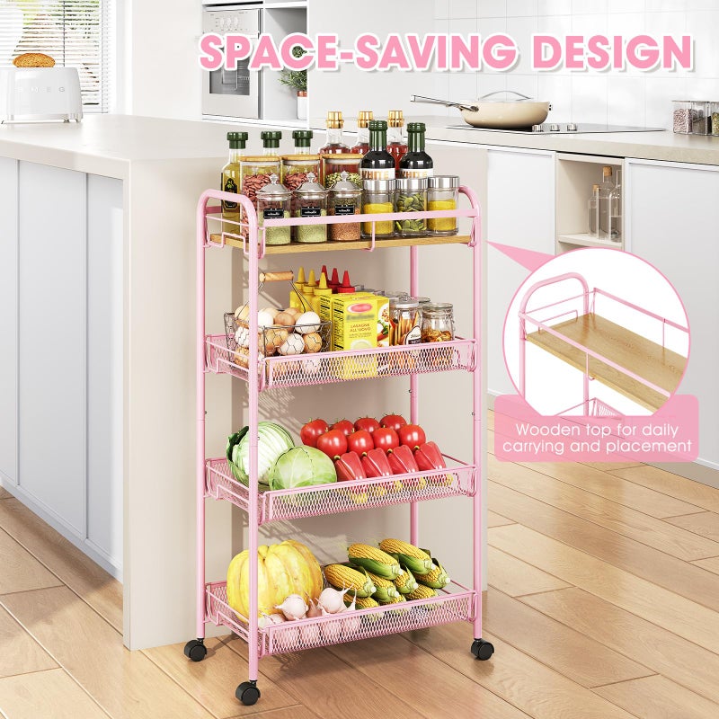 TOOLF 4-Tier Slim Rolling Cart, Metal Storage Cart with Wooden Tabletop and Mesh Baskets for Narrow Space on Kitchen Bathroom Laundry Room Bedroom Apartments Dormitory - Image 4