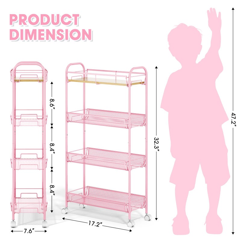 TOOLF 4-Tier Slim Rolling Cart, Metal Storage Cart with Wooden Tabletop and Mesh Baskets for Narrow Space on Kitchen Bathroom Laundry Room Bedroom Apartments Dormitory - Image 2