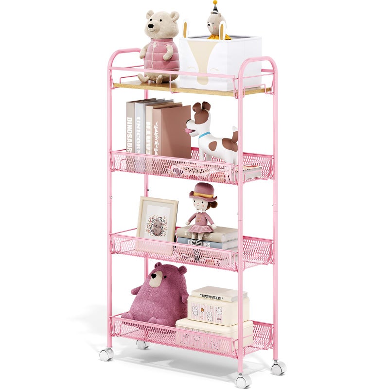 TOOLF 4-Tier Slim Rolling Cart, Metal Storage Cart with Wooden Tabletop and Mesh Baskets for Narrow Space on Kitchen Bathroom Laundry Room Bedroom Apartments Dormitory - Image 1
