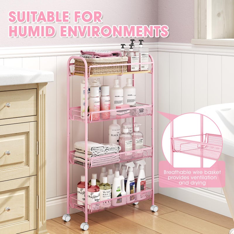 TOOLF 4-Tier Slim Rolling Cart, Metal Storage Cart with Wooden Tabletop and Mesh Baskets for Narrow Space on Kitchen Bathroom Laundry Room Bedroom Apartments Dormitory - Image 5