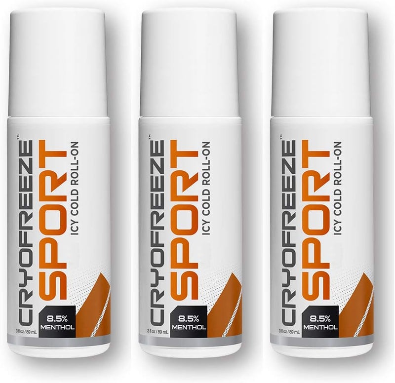 OMAX 3 Bottles CryoFreeze Sport ICY Cold Pain Relief Roll-On, 8.5% Menthol, Natural Pain Relief (3 Bottles)