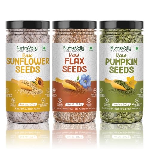 NutroVally Seeds Combo 525g| Pumpkin & Sunflower Seeds 200g Each + Flax Seeds125g | Seeds for eating | Protein and Fibre Rich Food Pack of 3 | Pumpkin seeds for eating | combo pack - Image 1