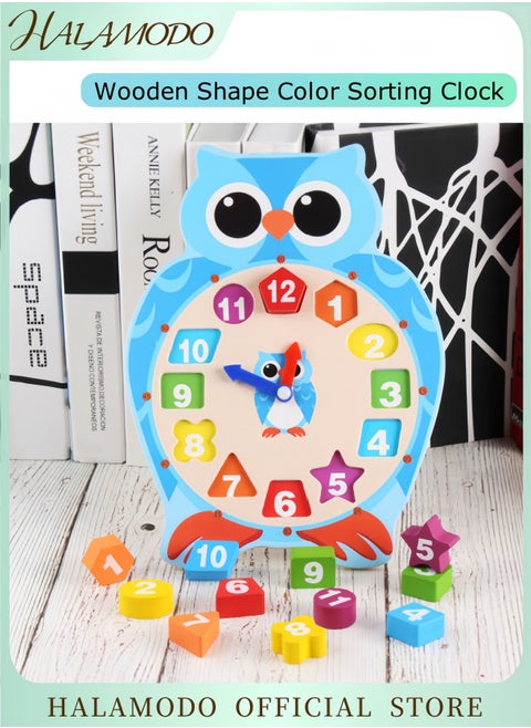 Wooden Shape Color Sorting Clock Teaching Time Number Puzzle Stacking Sorter Jigsaw Montessori Early Learning Educational Toy Gift for Year Old Kids
