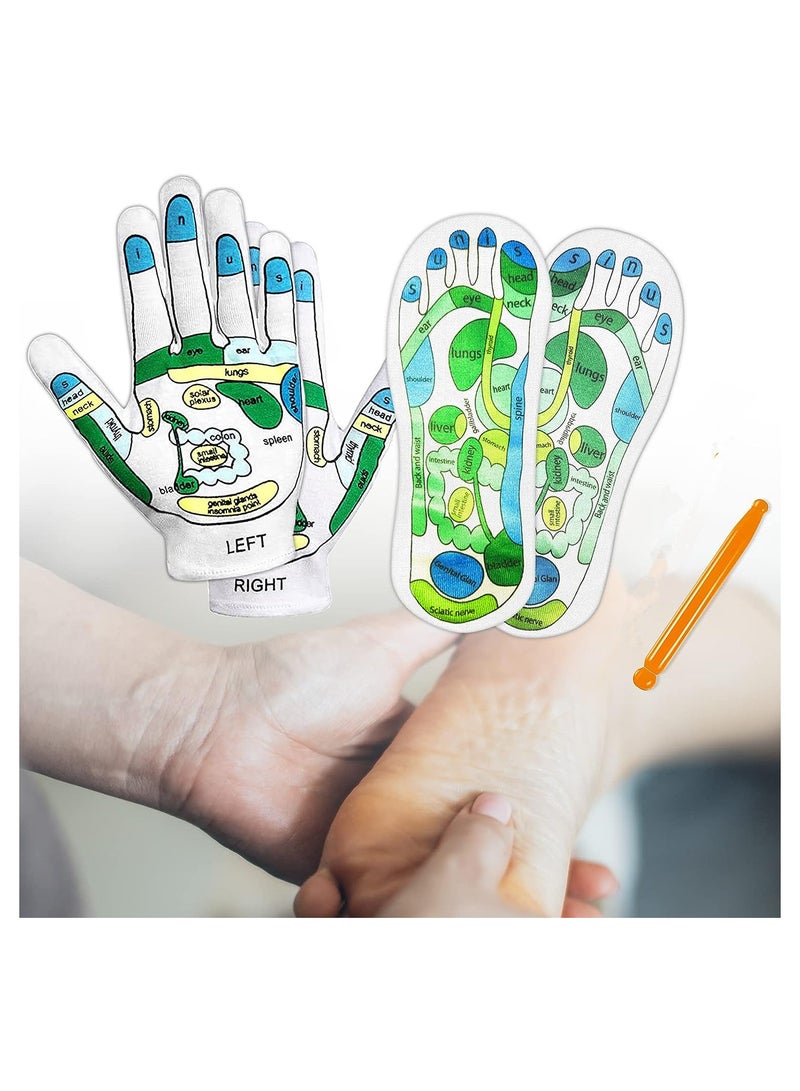 Acupressure Reflexology Tools Set - 4 Pcs - Socks and Gloves, Tutorial Reflexology Gloves with Massage Sandal, Pain Relief Acupuncture Socks for Foot Massage， Beginner Acupoint Massage Tools